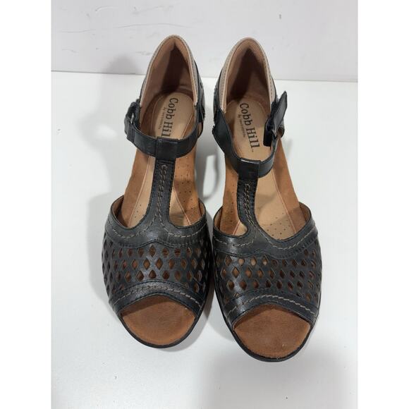 Cobb Hill Alexa CH Women's Heeled Sandals Black 10‎ M Leather T Strap Perforated - Picture 3 of 8